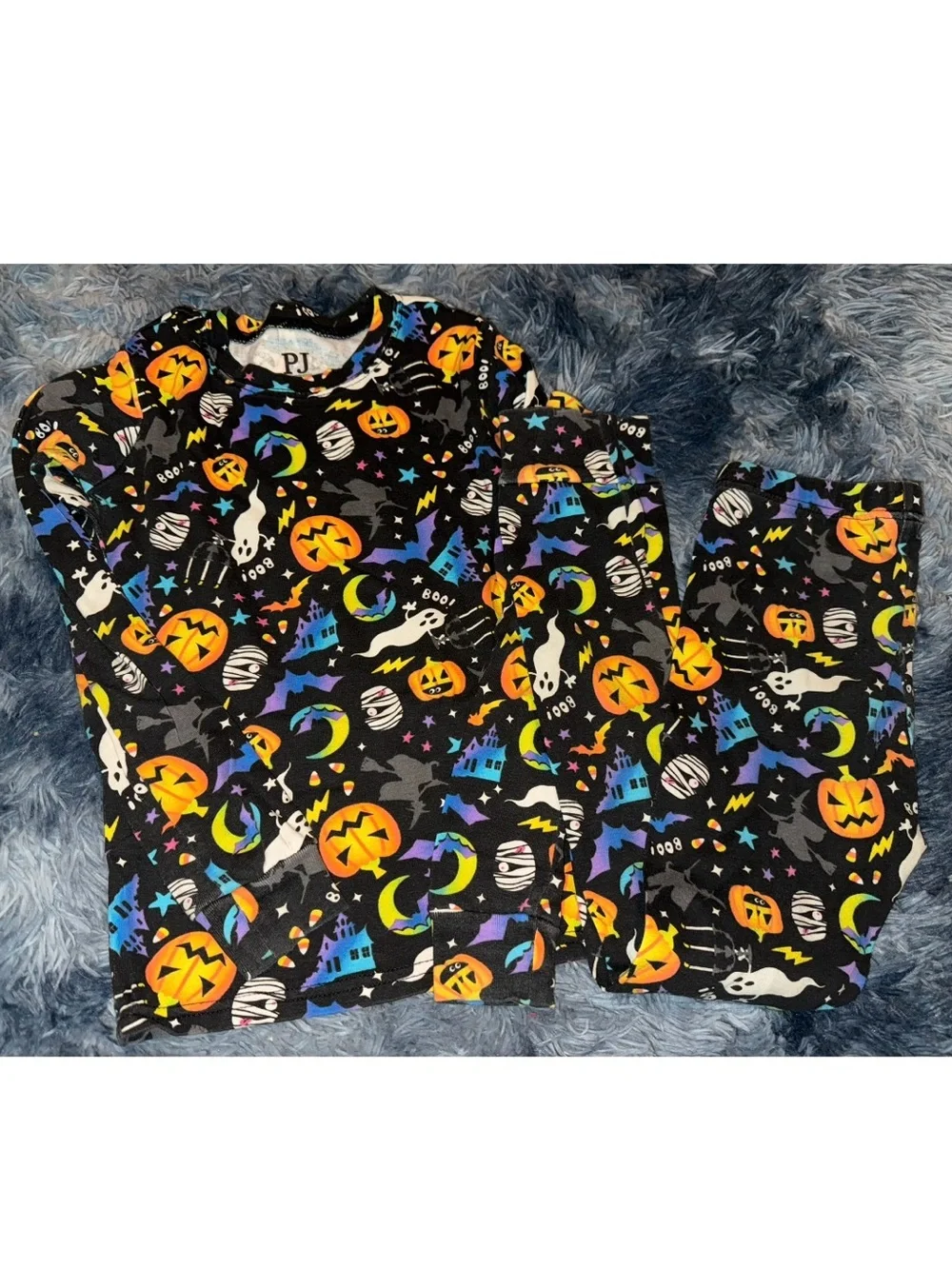 Kids Halloween Black Pajama Set with Pumpkin & Ghost Print